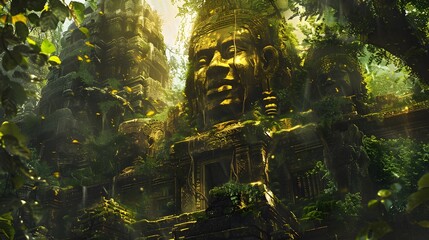 A hidden temple inside a vast jungle, vines creeping over golden statues, cinematic lost civilization