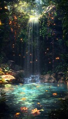 Obraz premium A hidden waterfall deep in the jungle, vines and glowing flowers surrounding the clear blue pool, cinematic nature s secret