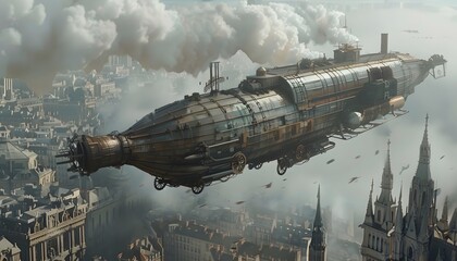 A steampunk airship flying over a futuristic city, gears whirring as steam rises from its exhaust, cinematic sky-high adventure