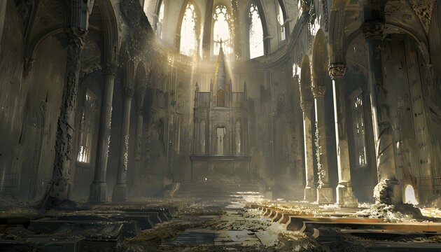 A grand throne room covered in dust, the remnants of a fallen kingdom frozen in time, cinematic medieval ruins