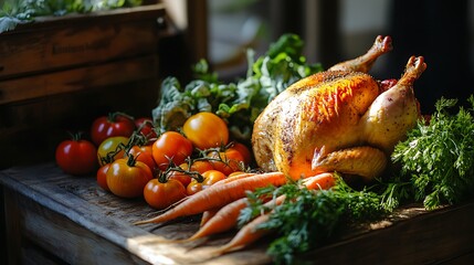 焼き上がったローストチキンと新鮮な野菜