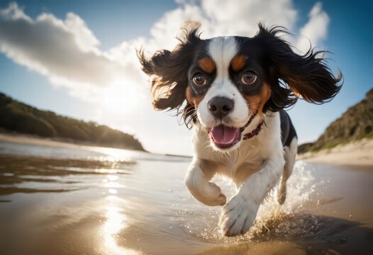cavalier king charles spaniel dog playing outdoors under blue sky, adorable doggy running on the sand of the beach, funny pet outdoor near the water of the ocean, on the coast of the shore