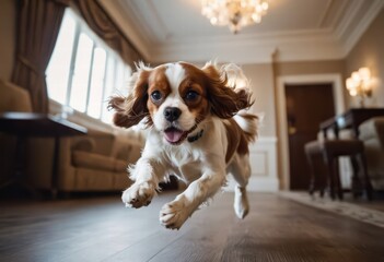 cavalier king charles spaniel running interiors in a luxury hall of a luxurious house, doggy playing on the floor of a beautiful apartment 