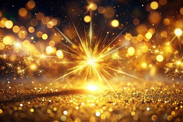 Golden Glitter Explosion: Shimmering Sparkle & Radiant Light Rays Double Exposure Stock Photo