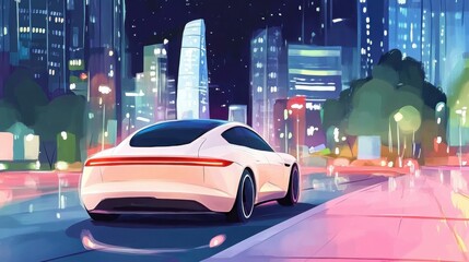 Fototapeta premium A sleek white car drives through a vibrant, illuminated cityscape at night, surrounded by modern skyscrapers and colorful reflections on the wet road.