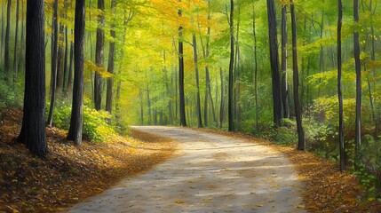 Obraz premium Serene Autumn Forest Pathway Surrounded by Golden and Green Foliage