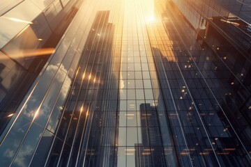 High Definition View of Shiny Glass Skyscraper Reflecting Sunlight