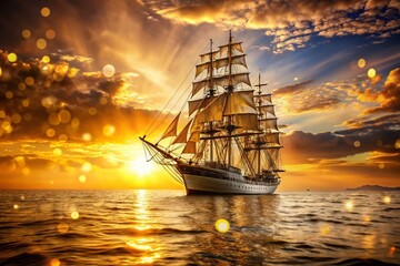 Obraz premium Golden Ocean Sunset, Sailing Ship, Bokeh, Captain at Helm, Dramatic Seascape