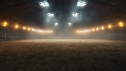 Empty indoor riding arena, dimly lit with spotlights