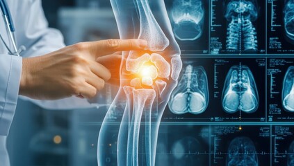 Doctor examining digital knee X-ray with highlighted joint area.