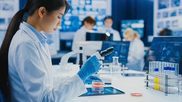 Asian female scientist analyzes cultures under a microscope in a modern, high-tech medical research laboratory.