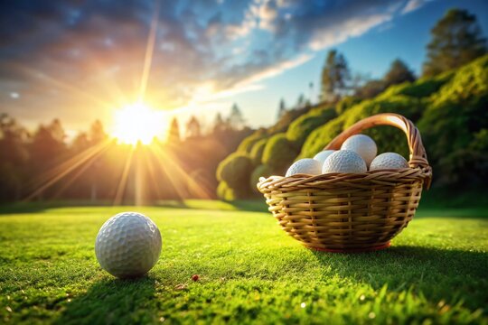 Golf Practice: Tee, Balls & Basket on Lush Green