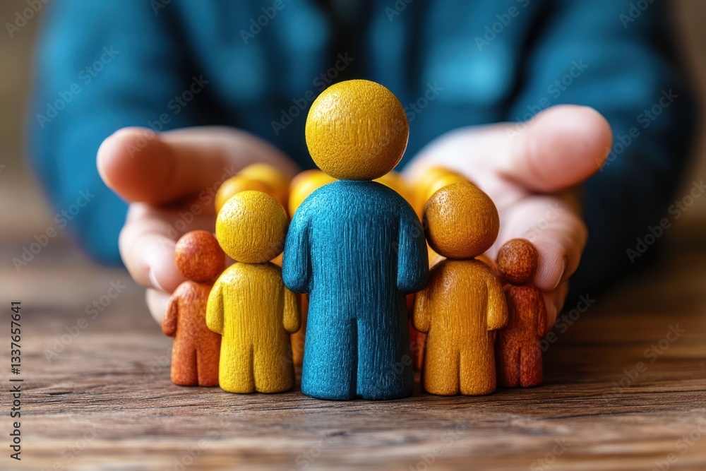 Poster hands of a facilitator modeling support and guidance with colorful wooden figures representing teamw