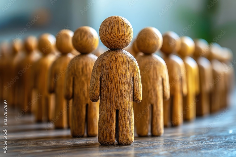 Poster wooden figurines representing diverse community standing together in unity and teamwork with blurred