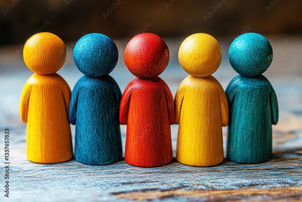 Poster colorful wooden figures standing in a row displaying diversity and unity, showcasing creativity and 