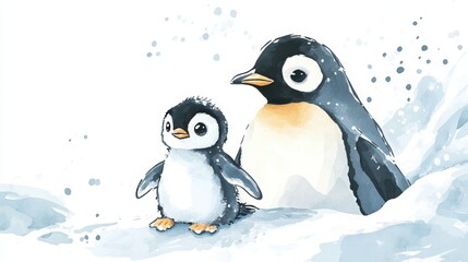 Fototapeta premium A charming illustration of a penguin and its chick in a snowy environment, capturing a heartwarming moment between the two.
