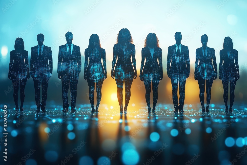 Poster group of diverse business professionals with digital effect in modern urban setting representing inn