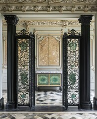 Obraz premium Elegant ornate hallway interior, antique screens, marble floor, palace background; home decor