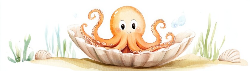 A cute cartoon octopus peeks out from a large shell, surrounded by soft, aquatic plants in a playful underwater scene.