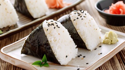 A neatly arranged plate of onigiri is presented. The onigiri come in various shapes and sizes, with some being triangular, while others are round. Each onigiri is made from well-cooked, fluffy white r