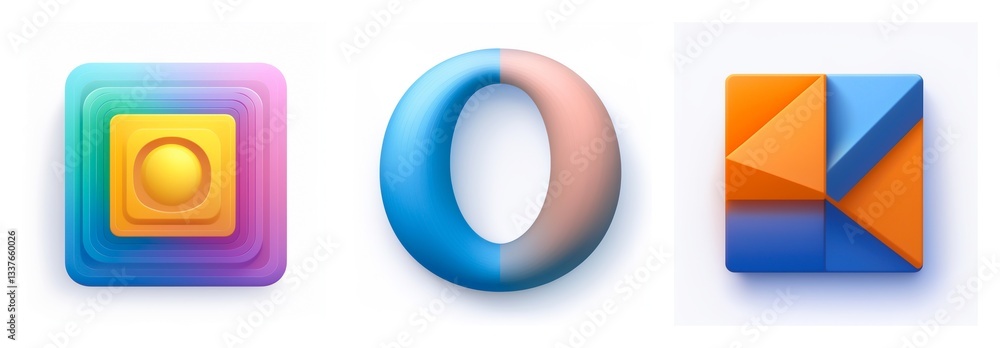 Poster abstract geometric shapes: layered square with gradients, two-color circle, square of triangles. sof
