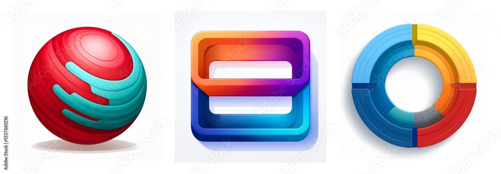 Poster vibrant colorful shapes on a white background. a swirling sphere, a gradient rounded rectangle, and 