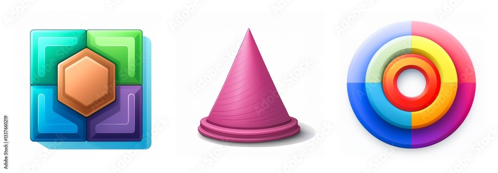 Aufkleber glossy shapes: square with tiles and hexagon, cone, and concentric circles. colorful and simple geom