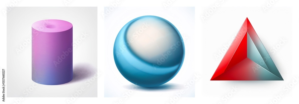 Poster three dimensional shapes of a cylinder, sphere, and pyramid in various colors. geometric forms with 