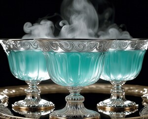 Elegant Vintage Glassware with Mystical Blue Smoke: Exquisite Crystal Goblets on a Silver Tray - Perfect for Themed Events and Enchanting Beverage Presentations