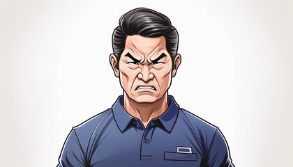 怒る中年のアジア人男性スタッフ従業員のイラスト。AIで生成