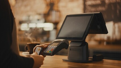 Close-up on a customer using a credit card for a transaction at a cafe's point-of-sale system with a steaming coffee cup in the background.