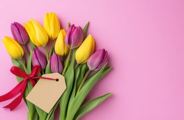 Fototapeta premium Vibrant bouquet of yellow and purple tulips on a pink background.