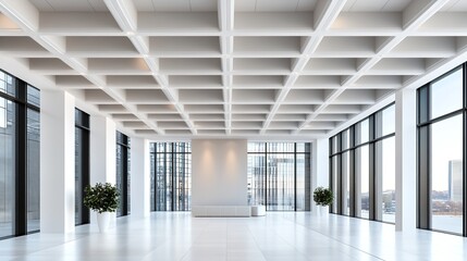 Modern open space with large windows and minimalist design in urban building during daylight hours