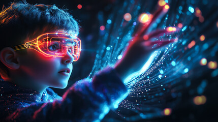 A kid boy interacts with a neural network display. The concept of early learning, future technology, and the curiosity-driven exploration of AI. Generative AI.