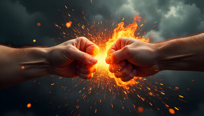 Fist bump, fire, explosion, power, energy, impact, strength, intensity, collision, sparks, flames, force, dynamic, action, clash, conflict, tension, drama, heat, explosion, power, intensity, collision