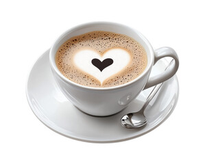 Fototapeta premium Romantic Heart Latte Art in White Ceramic Coffee Cup with Silver Spoon on Saucer, Professional Barista Cappuccino Love Design Isolated on Transparent and White Background