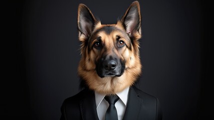 Portrait of a German shepherd dog dressed in a formal business suit,	
