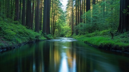 Serene River Flowing through a Lush Redwood Forest Landscape in Northern California