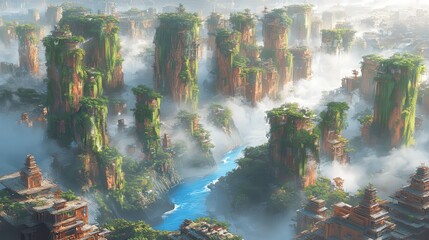 Explore the Majestic Floating Mountains and Lush Greenery of a Fantasy Landscape with Towering Rock Formations, Shrouded in Mist and a Serene Blue River Below