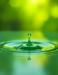 A water droplet falling into water, creating ripples on a green, tranquil surface.