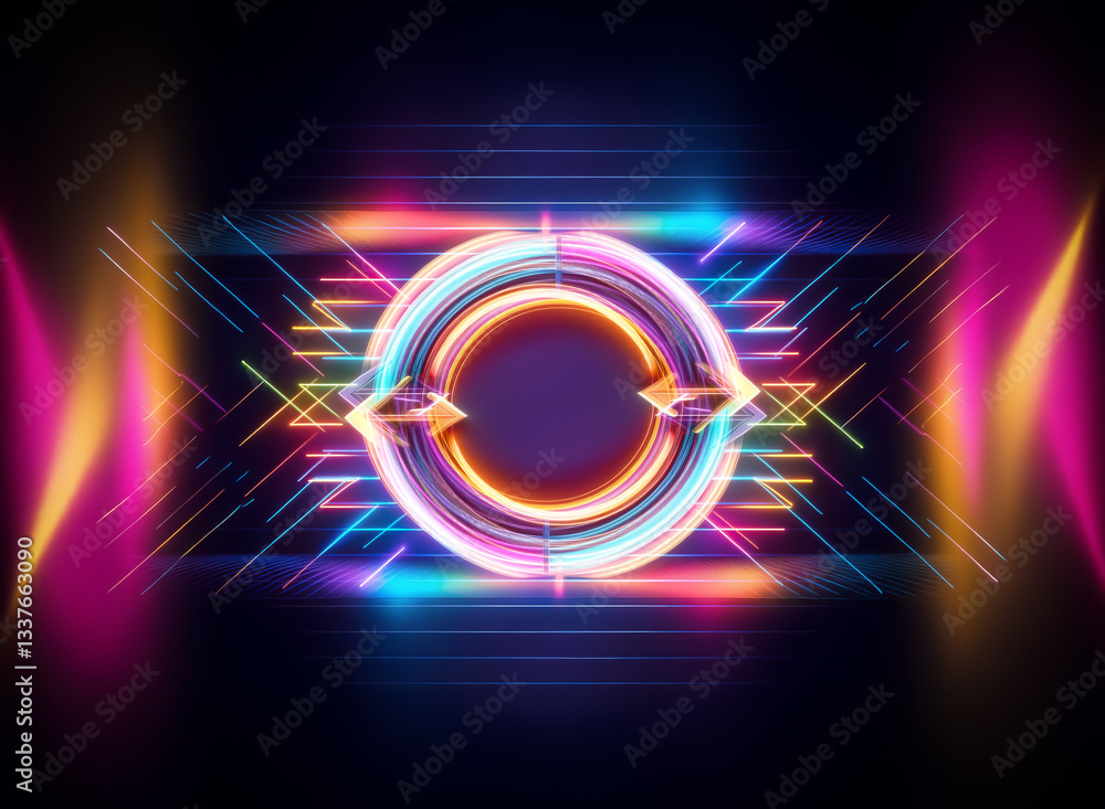 Aufkleber vibrant neon circle with arrows, glowing brightly in a dark, futuristic setting. illuminated by colo