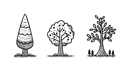 Three Types of Trees in Minimalist Black and White Illustration