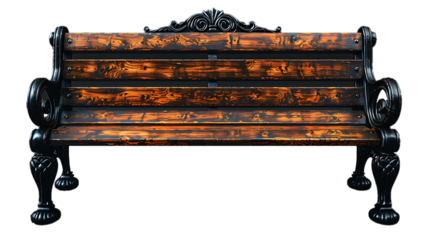 Classic Wooden Park Bench with Black Cast Iron Armrests and Legs on a Dark Background 
