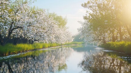 Tranquil river scene reflecting blossoming trees on a serene morning