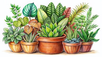 Fototapeta premium Hand-Drawn Plant Sketches in Pot: Detailed Botanical Illustrations