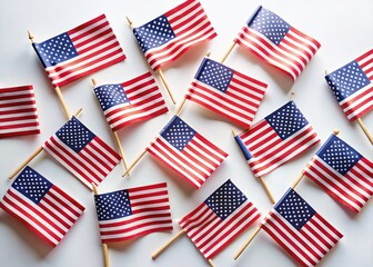 Fototapeta premium Happy Labor Day: American Flags Flat Lay with White Background & Copy Space