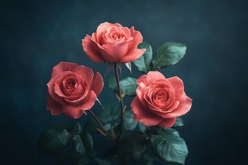 Obraz premium Bouquet of red roses against a dark background, symbolizing passion and romance for Valentine's Day.