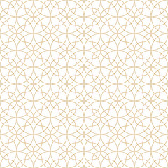 Seamless pattern with interlocking gold circles and lines on a white background. Delicate, floral-inspired design with a classic, and luxury aesthetic.