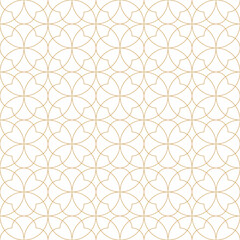 Seamless pattern with interlocking gold circles and lines on a white background. Delicate, floral-inspired design with a classic, and luxury aesthetic.