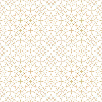 Seamless pattern with interlocking gold circles and lines on a white background. Delicate, floral-inspired design with a classic, and luxury aesthetic.
